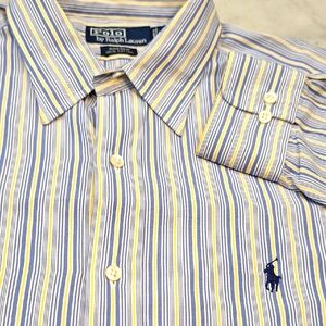 Polo Ralph Lauren Men's Striped Andrew Shirt Blue Yellow White Sz 17X36/37 =‎ XL